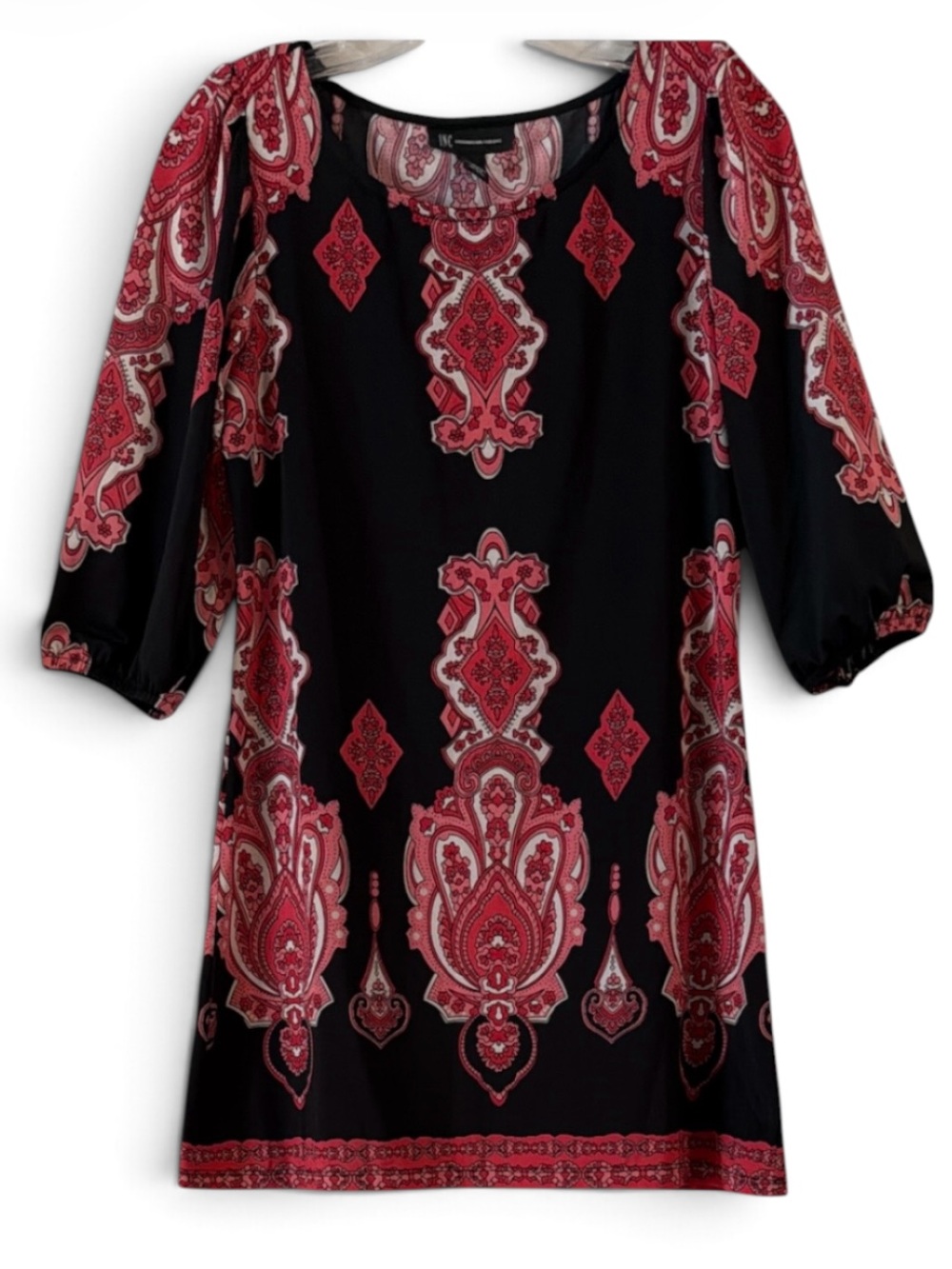 INC International Concepts Paisley Mini Dress Tunic Blouse Black Red S